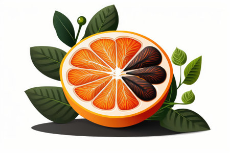 Isolated on a white background are an orange, its leaf, its bloom, and its sliceの素材