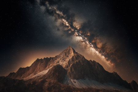 Low angle photograph shows a mountainous landscape illuminated by the starsの素材