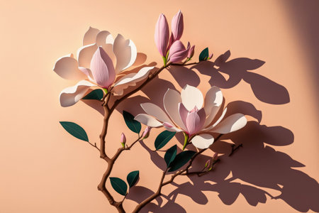 Magnolia flower branch with a distinct shadow leaning against a pink wallの素材