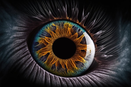 Macro photography, close up of the iris of the eye, on a dark backgroundの素材