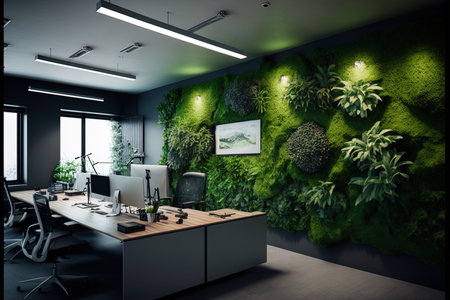 Office green walls with artificial moss and plantsの素材