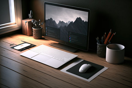 Office setting with a mockup laptop computer on a desk, along with office accessoriesの素材