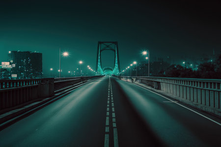 Nighttime scene of an empty city road with a viaduct bridgeの素材