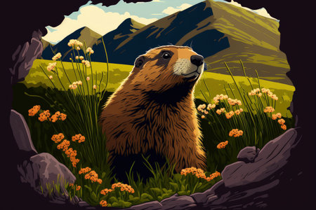 Marmot burrow in a meadow with vegetationの素材