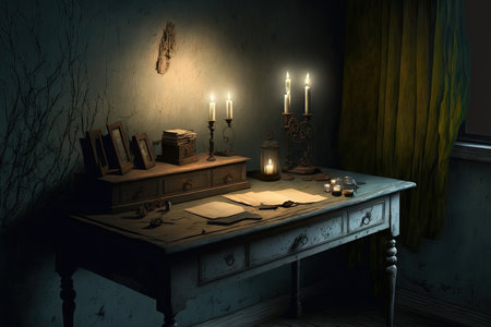 Old, white desk with candles and a shadowy wallの素材
