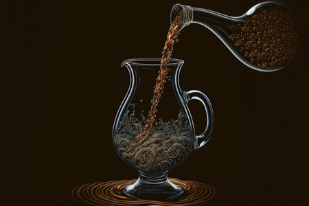 On a black background, water is poured into a glass from a decanterの素材