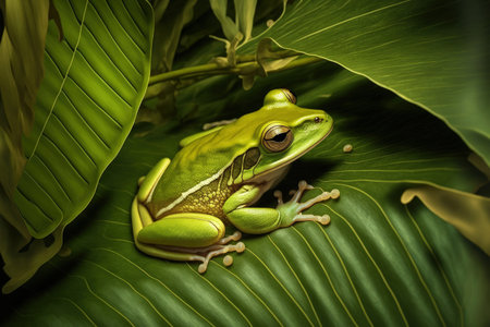 On green foliage, a white tipped tree frog Litoria infrafrenataの素材