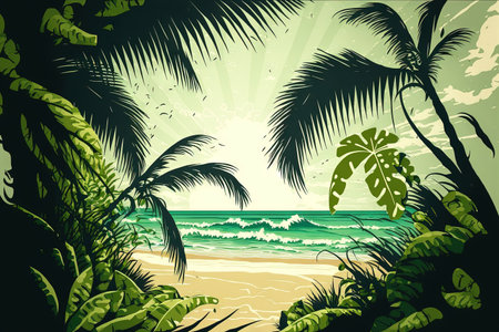 Palm tree leaves in green and a tropical beachの素材