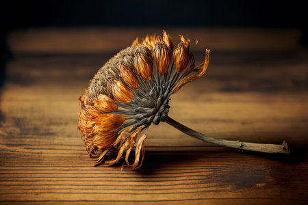 On a wooden table, a dried flowerの素材