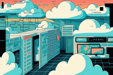 Overlay of clouds and sky with servers and computing equipment in a datacenterの素材