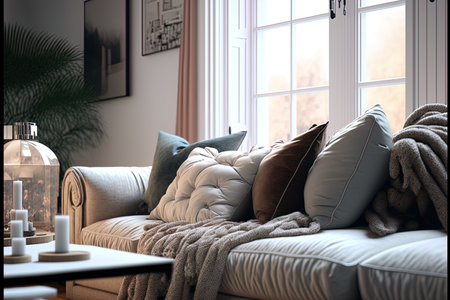 Pillows on a cozy sofa in a light filled living roomの素材