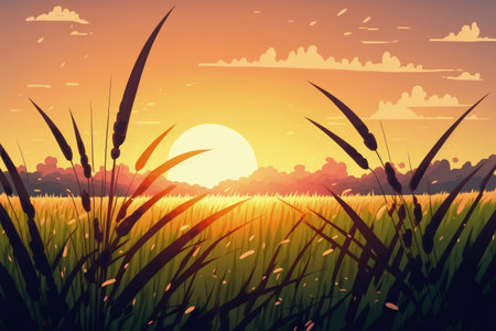 Rice field and sky background at sunset time with sun raysの素材