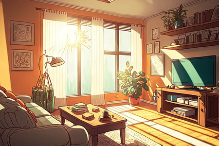 Panoramic picture of a spacious living room full of lightの素材