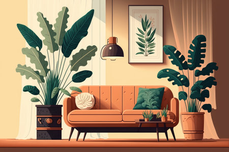 Sofa and table with houseplant in interior of light living roomの素材