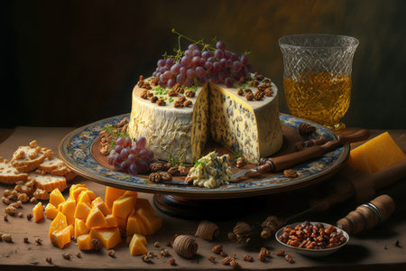 Platter of cheese and pork with nuts and raisinsの素材