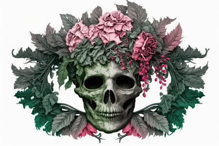 Pink skull mask with a gothic inspired green wreath and crimson rosesの素材
