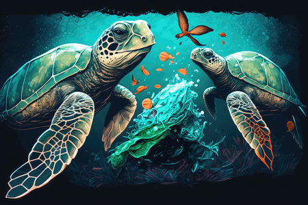 Sea turtles eating trash bags a visual metaphor for ocean pollutionの素材