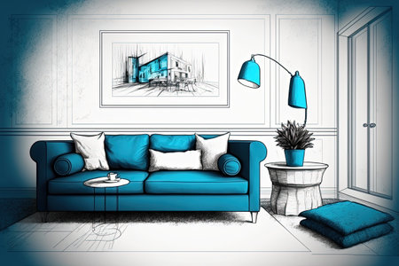 Sofa in a blue and white room drawingの素材