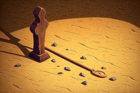 Shadows of time are shown by a wooden stick and pebbles on sandの素材