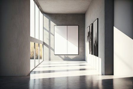 Spacious gallery interior with sunlight shadow on concrete wall. Mock up,の素材