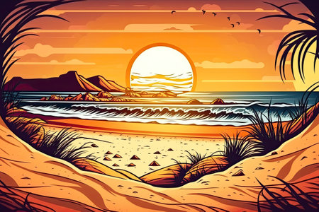 Sunset above a dune on the beachの素材