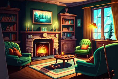 Stylish living room interior with beautiful fireplace, Christmas treeの素材