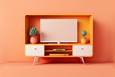 TV cabinet, flat design, isolated on a pink and orange backgroundの素材