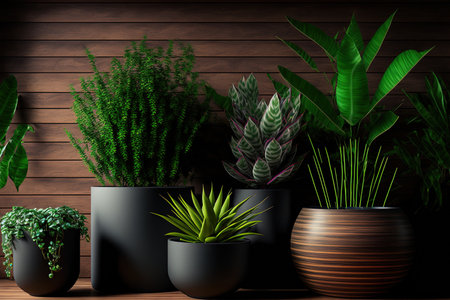 Stylish and refined arrangement of plants in decorative pots on wooden surfacesの素材