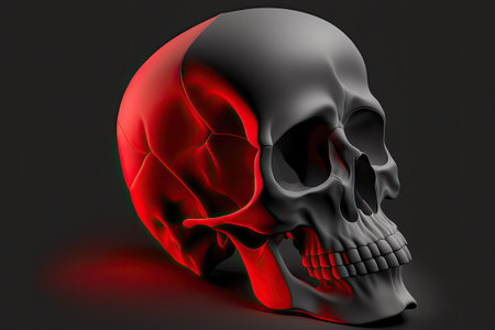 Spooky closeup of a black skull against a black backgroundの素材