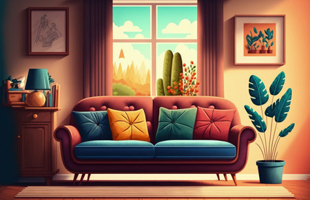 Stylish living room interior with comfortable sofa and cushionsの素材