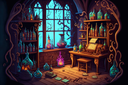 lab used by medieval alchemists. Halloween. Imaginary interiorの素材