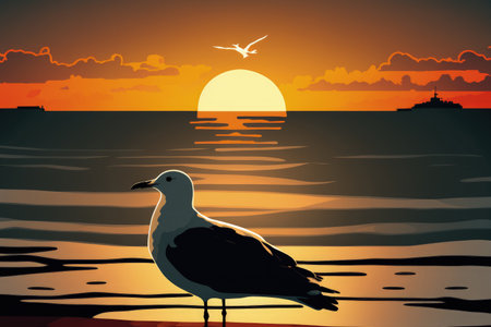 Sunset sea horizon with a seagull silhouetteの素材