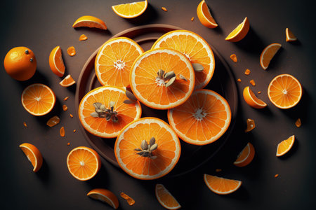 orange fruits in the backdrop, top viewの素材