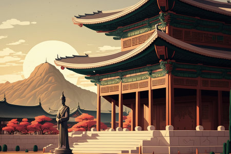 The Gyeongbokgung Palace features traditional Korean architecture and wooden pillarsの素材