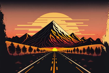 Sunset scene of a mountain and an asphalt road. Background of a road and mountainsの素材