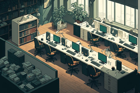 open plan workplace that is vacant and has numerous workstationsの素材