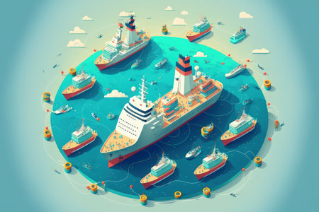 maritime traffic, ships, and communication network conceptの素材