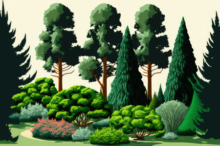plantation of conifers. Mixture. Shrubs and treesの素材