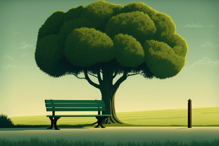 lone green tree and a calm benchの素材