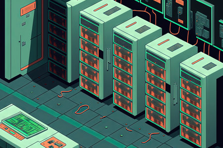 rows of computer equipment at a data center, disk storageの素材