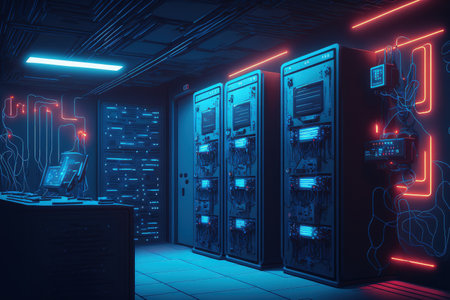 picture of a contemporary, gloomy server room with neon blue lightingの素材