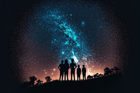 silhouette of people looking at the milky wayの素材