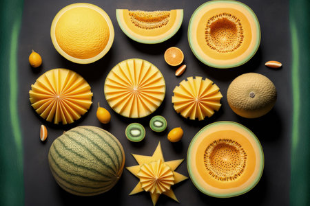 several various fresh melons in topview, some cut, flat laidの素材