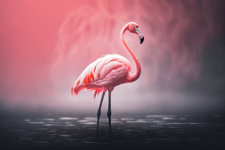 A single pink flamingo poses against a pristine pastel colored feminine backdropの素材