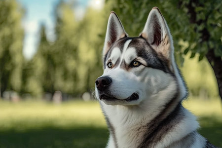 A husky from Siberia poses for a portrait in a summer parkの素材