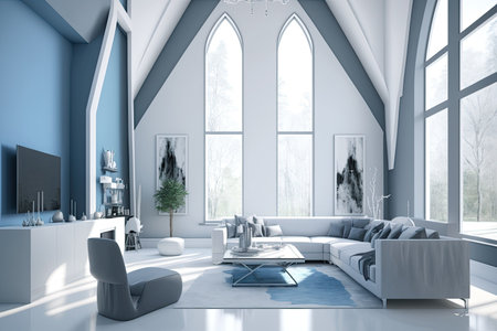 An ultra modern family room with pale walls soaring ceilings and sleek new furnitureの素材