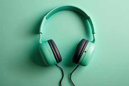 An image of headphones on a green background. Copy space on a flat layの素材