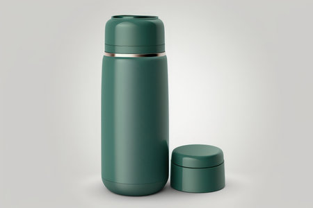 Mockup of a green stainless steel thermos on a white backgroundの素材