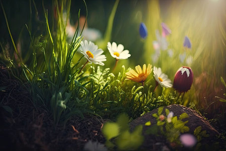 Flowers blooming in the sunshine. Lovely natural settingの素材