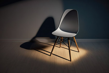 A white chair and shadow illuminate a wooden floor at nightの素材